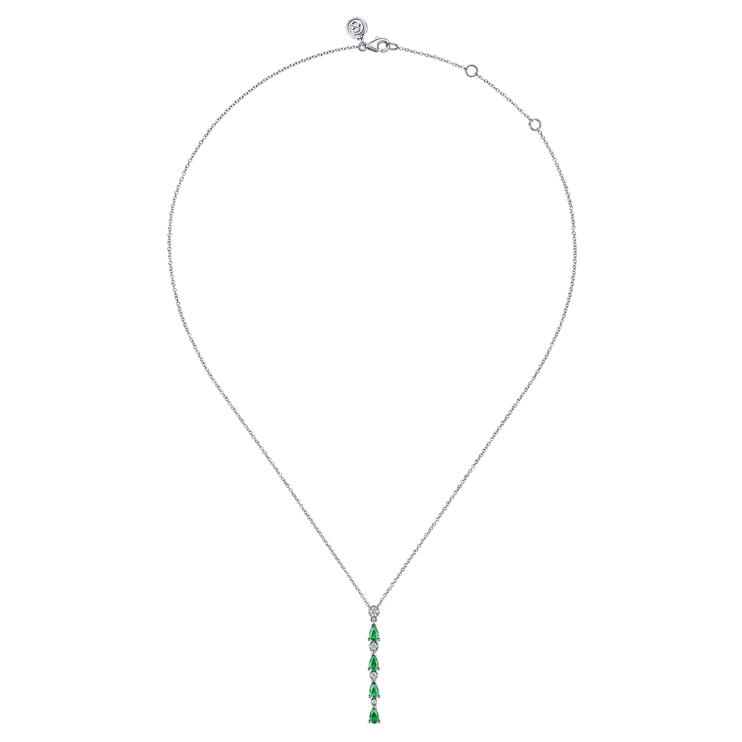 Diamond and Pear Emerald Vertical Bar Necklace in 14K White Gold, photograph 2