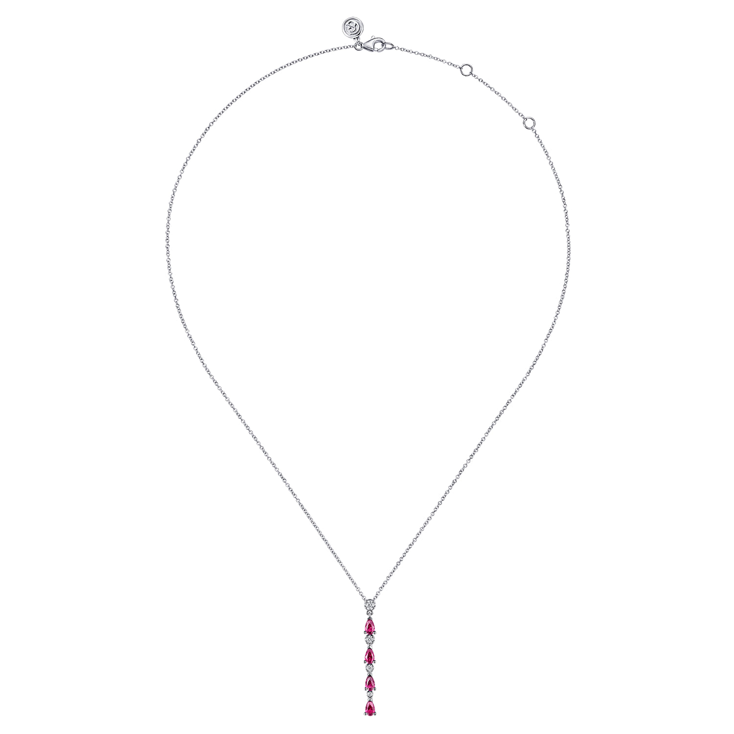 Diamond and Pear Ruby Vertical Bar Necklace in 14K White Gold, photograph 2