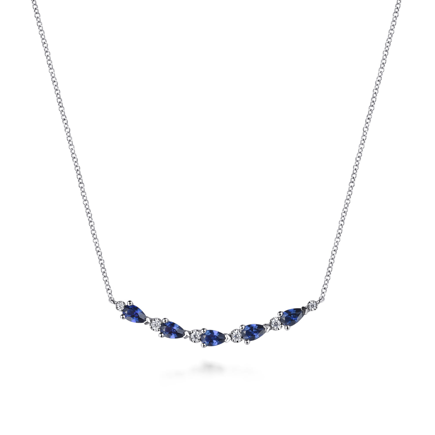 Diamond and Pear Sapphire Bar Necklace in 14K White Gold