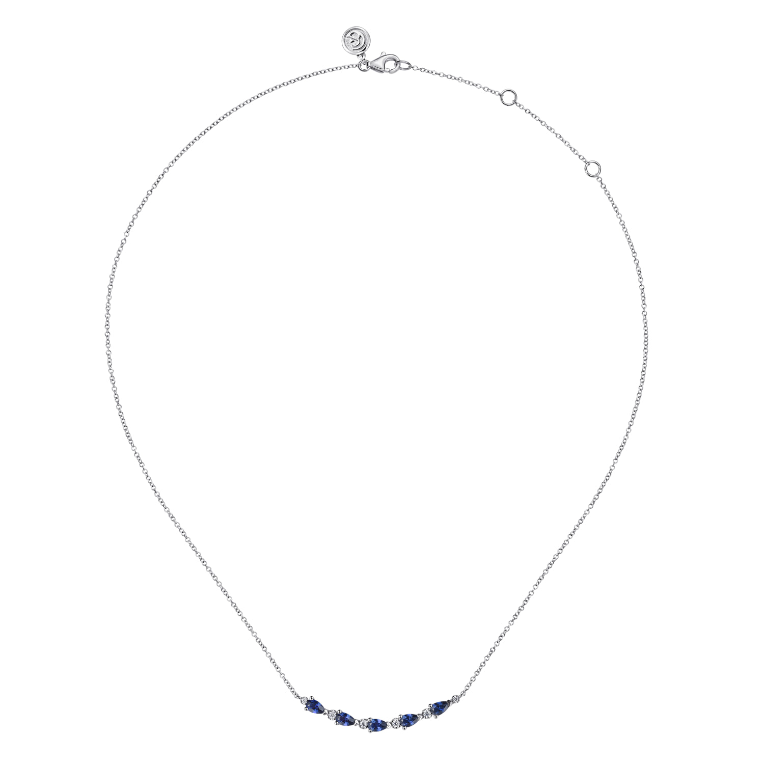 Diamond and Pear Sapphire Bar Necklace in 14K White Gold, photograph 2
