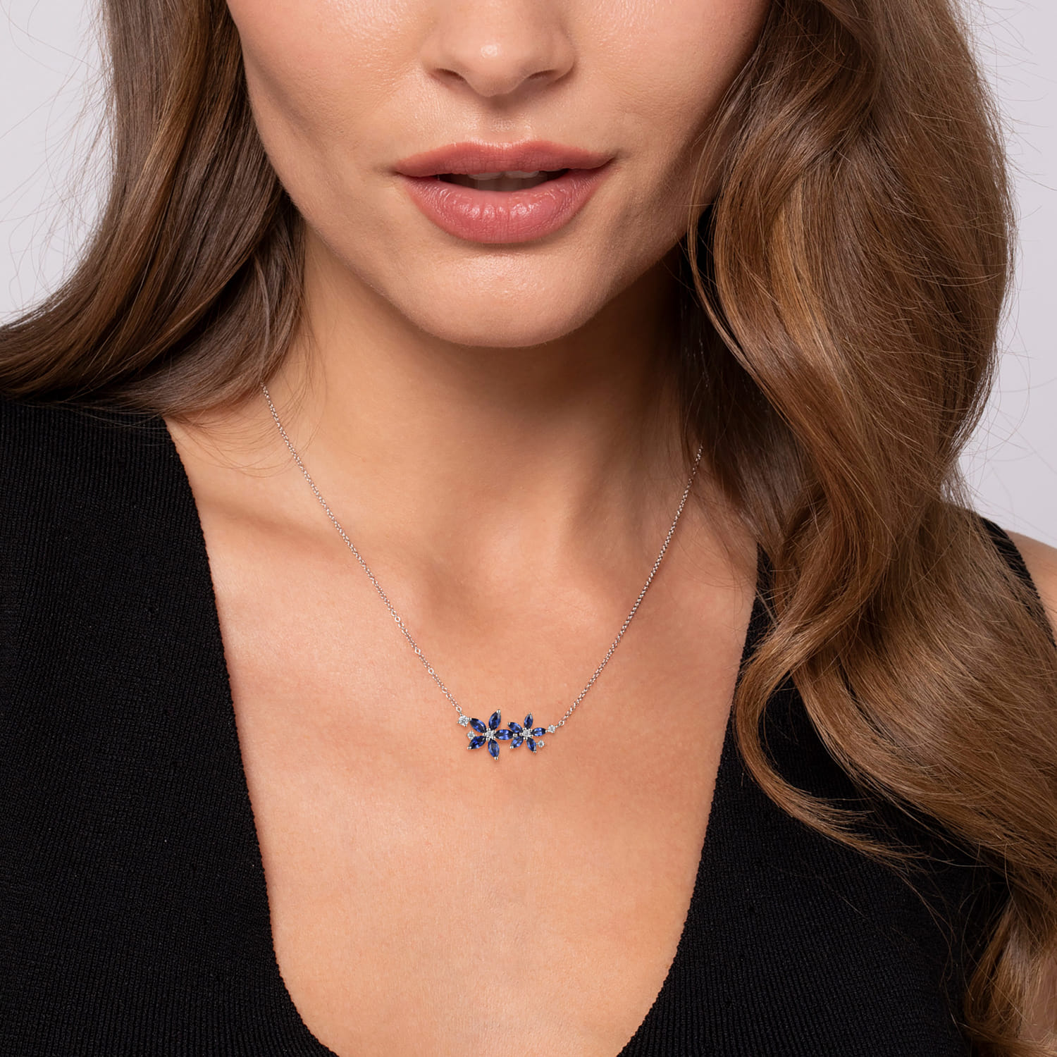 Diamond and Marquise Sapphire Floral Pendant Necklace in 14K White Gold, photograph 3