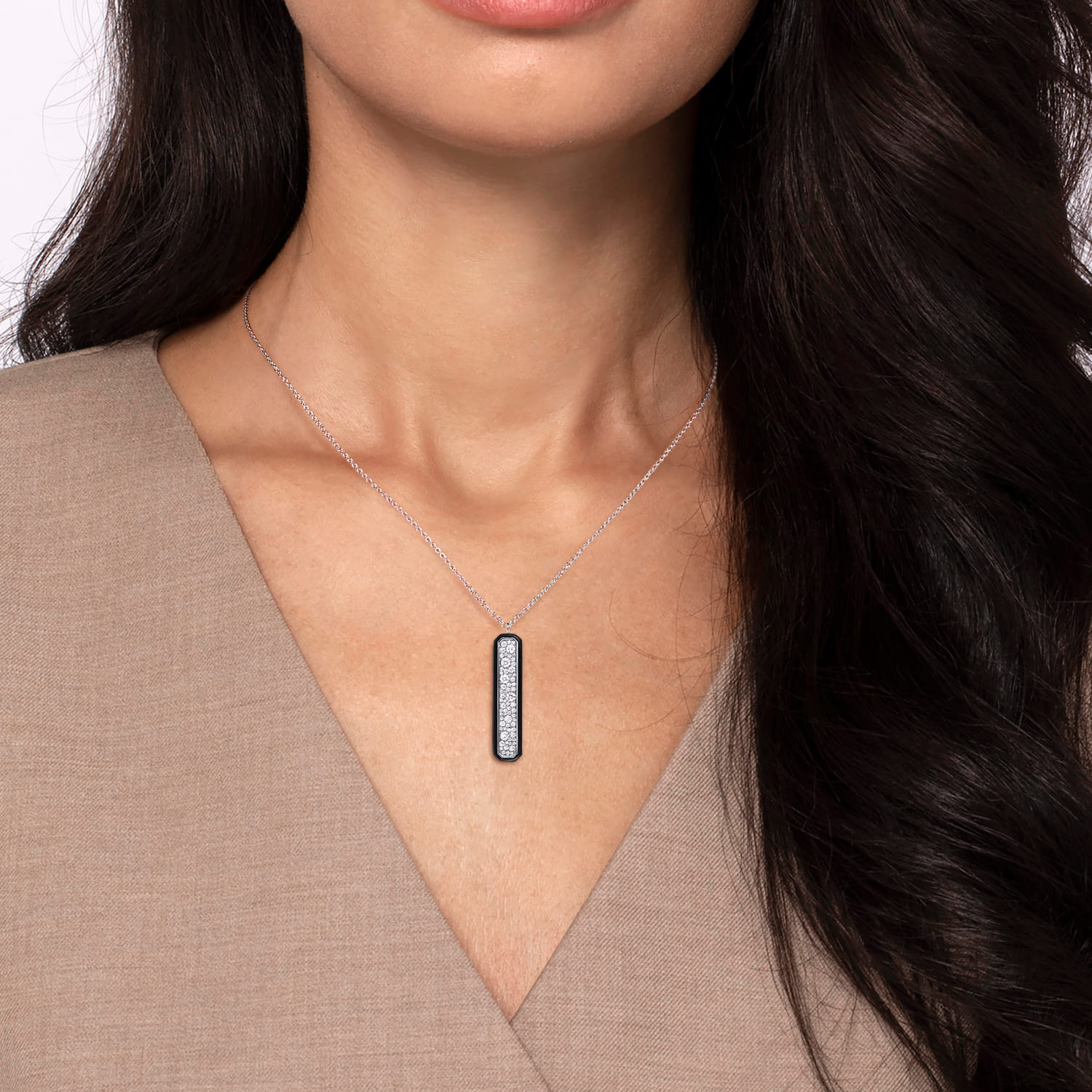 Pave Diamond Bar Necklace with Enamel in 14K White Gold, photograph 3