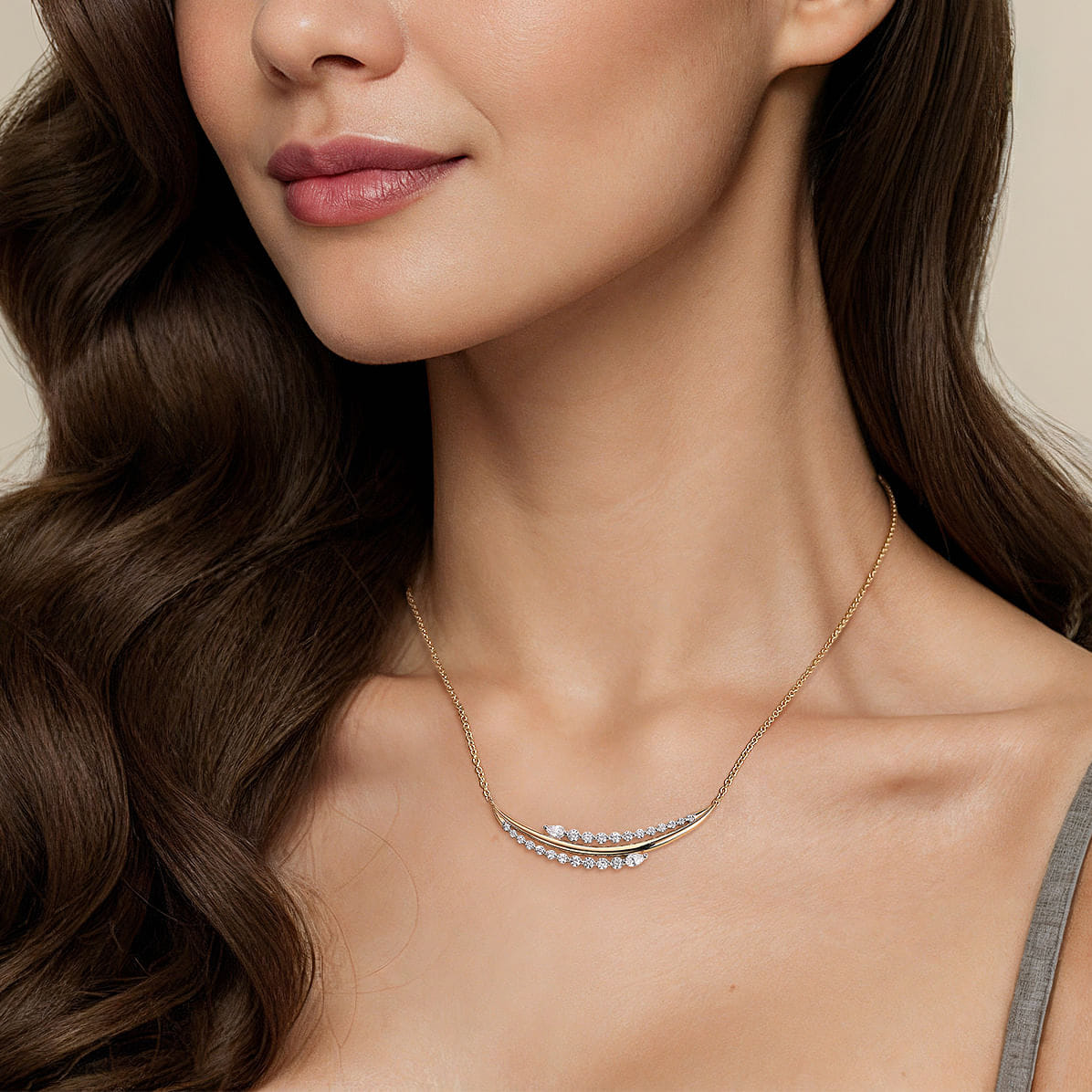 Graduating Diamond Bar Necklace in 18K White/Yellow Gold, photograph 3