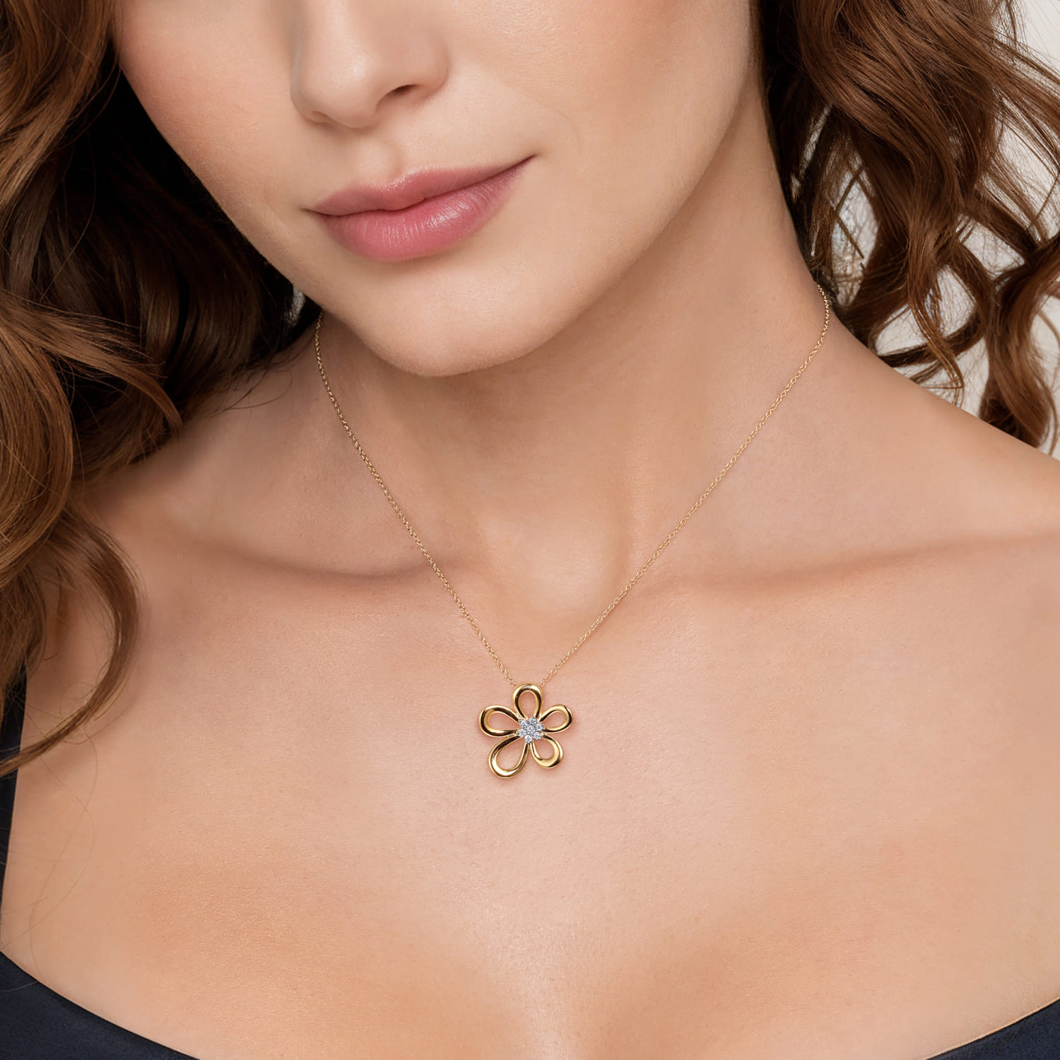 Diamond Floral Pendant Necklace in 14K White/Yellow Gold, photograph 3
