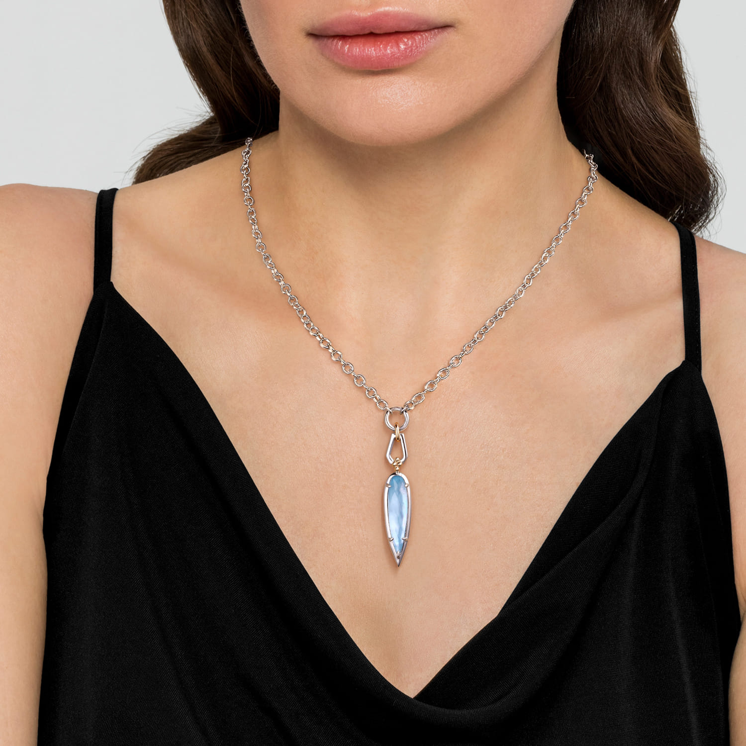 and Bujukan Rock Crystal White Mother Pearl Turquoise Pendant Necklace in 14K Yellow Gold, photograph 3
