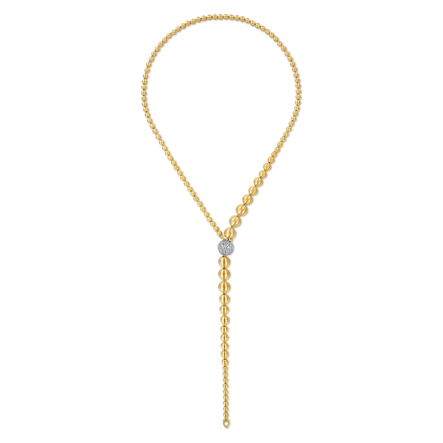 Graduating Bujukan Beads and Diamond Y Necklace in 14K White/Yellow Gold, photograph 2