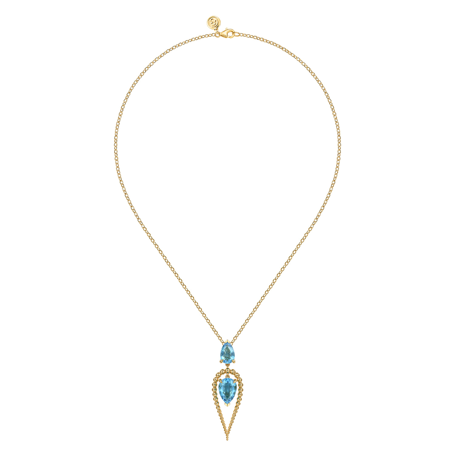 Bujukan and Blue Topaz Pear Shape Pendant Drop Necklace in 14K Yellow Gold, photograph 2