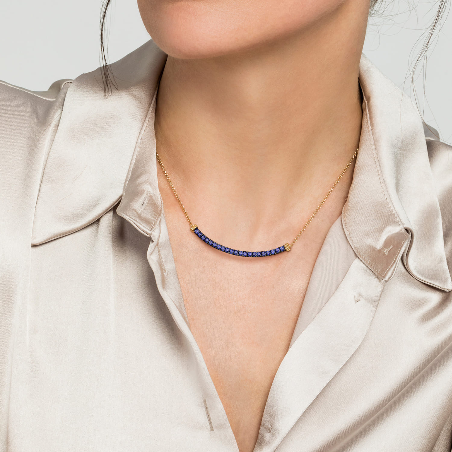 Bujukan and Blue Sapphire Bar Necklace in 14K Yellow Gold, photograph 3