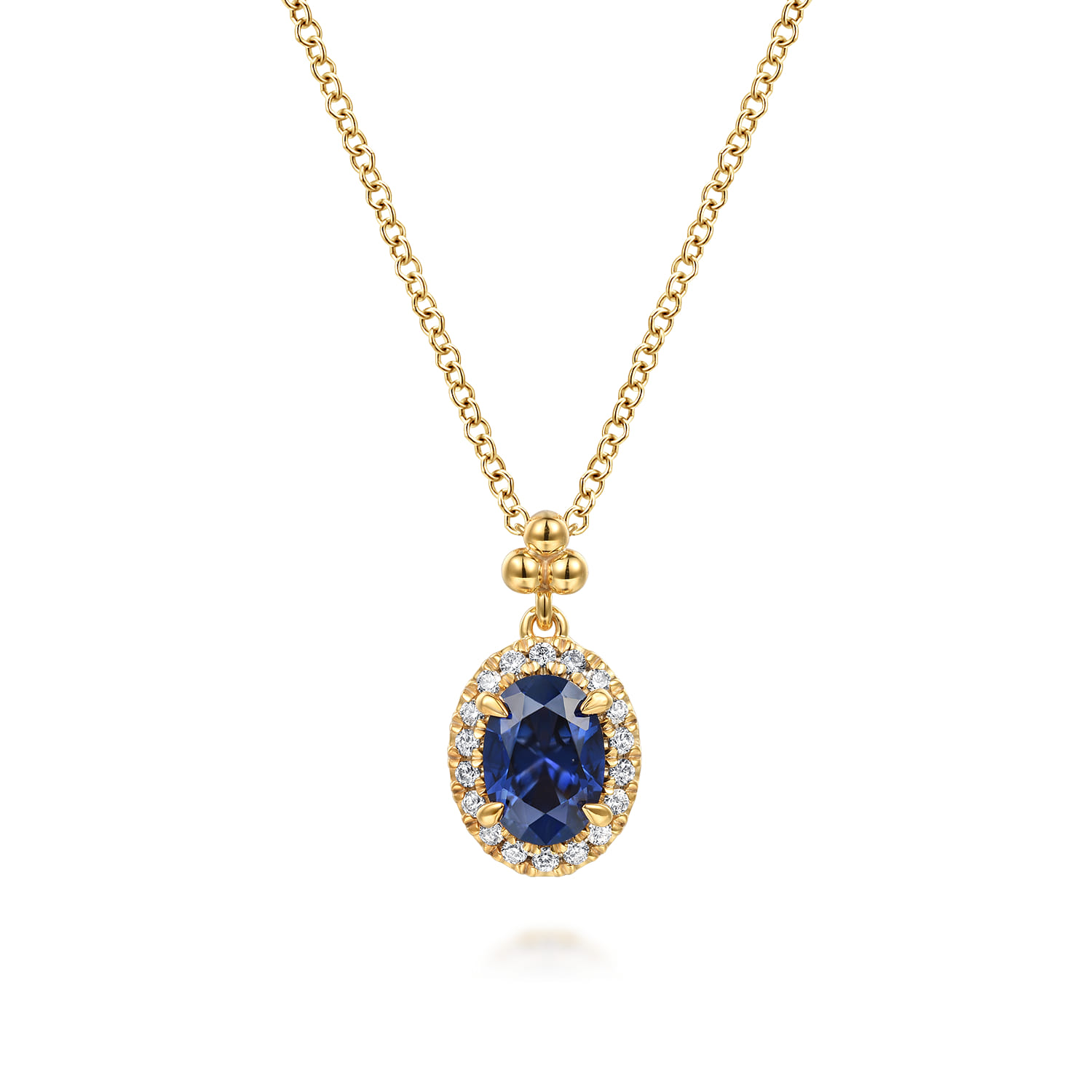 Diamond Halo and Oval Blue Sapphire Pendant Necklace
