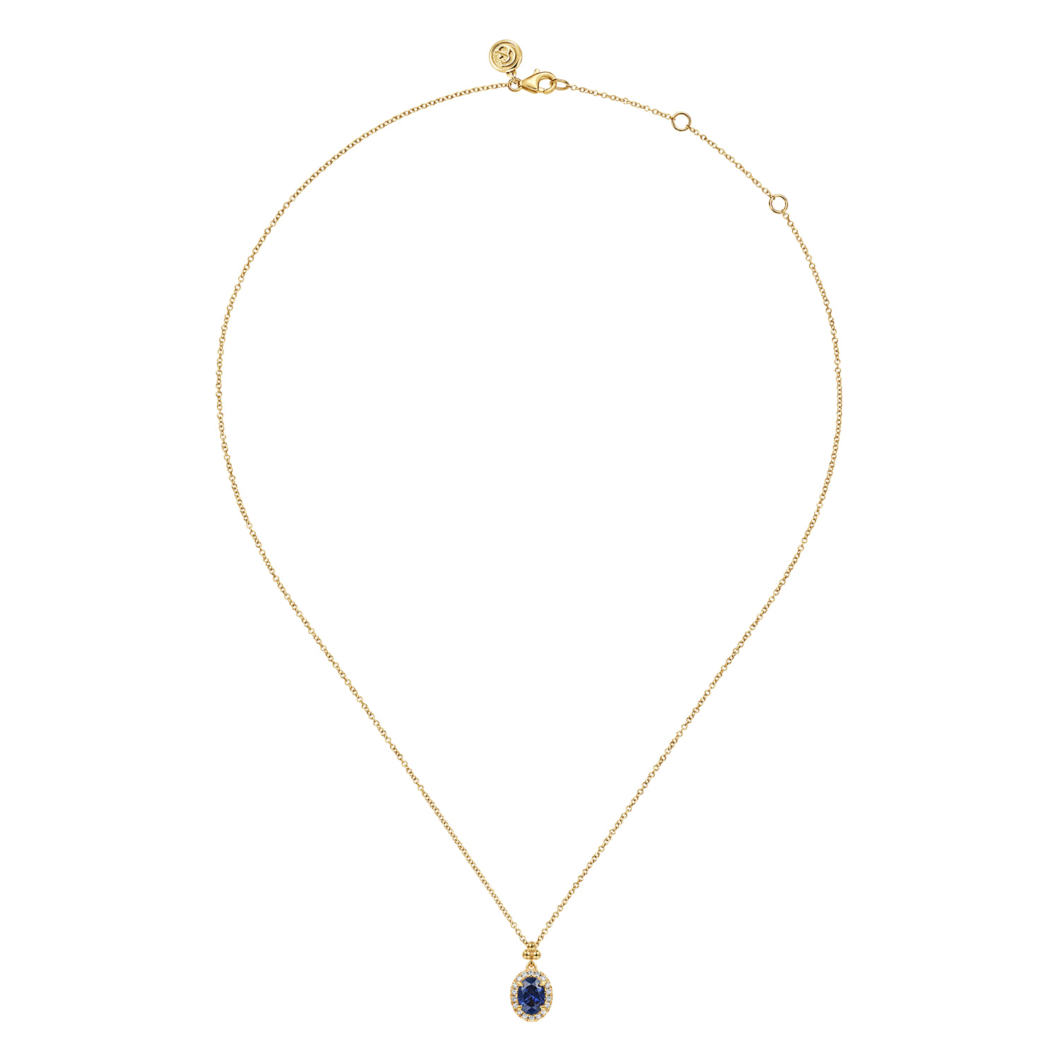 Diamond Halo and Oval Blue Sapphire Pendant Necklace in 14K Yellow Gold, photograph 2