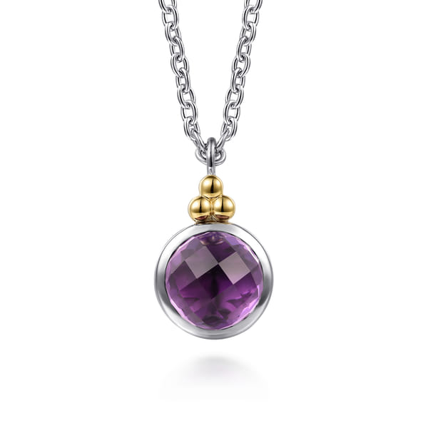 14K Yellow Gold and 925 Sterling Silver Bujukan Round Amethyst Pendant Necklace