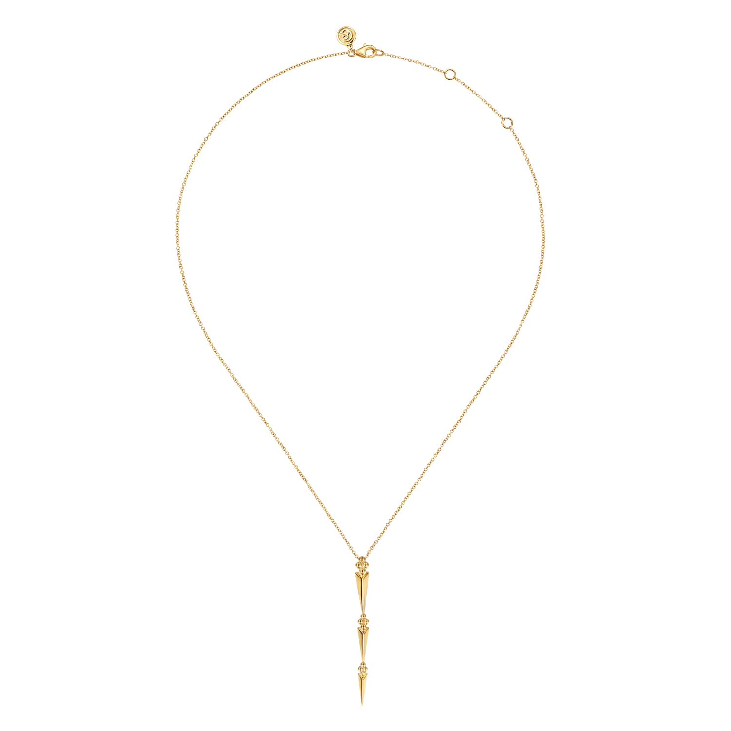 Bujukan Clover and Graduating Triangle Pyramid Drop Necklace in 14K Yellow Gold, photograph 2