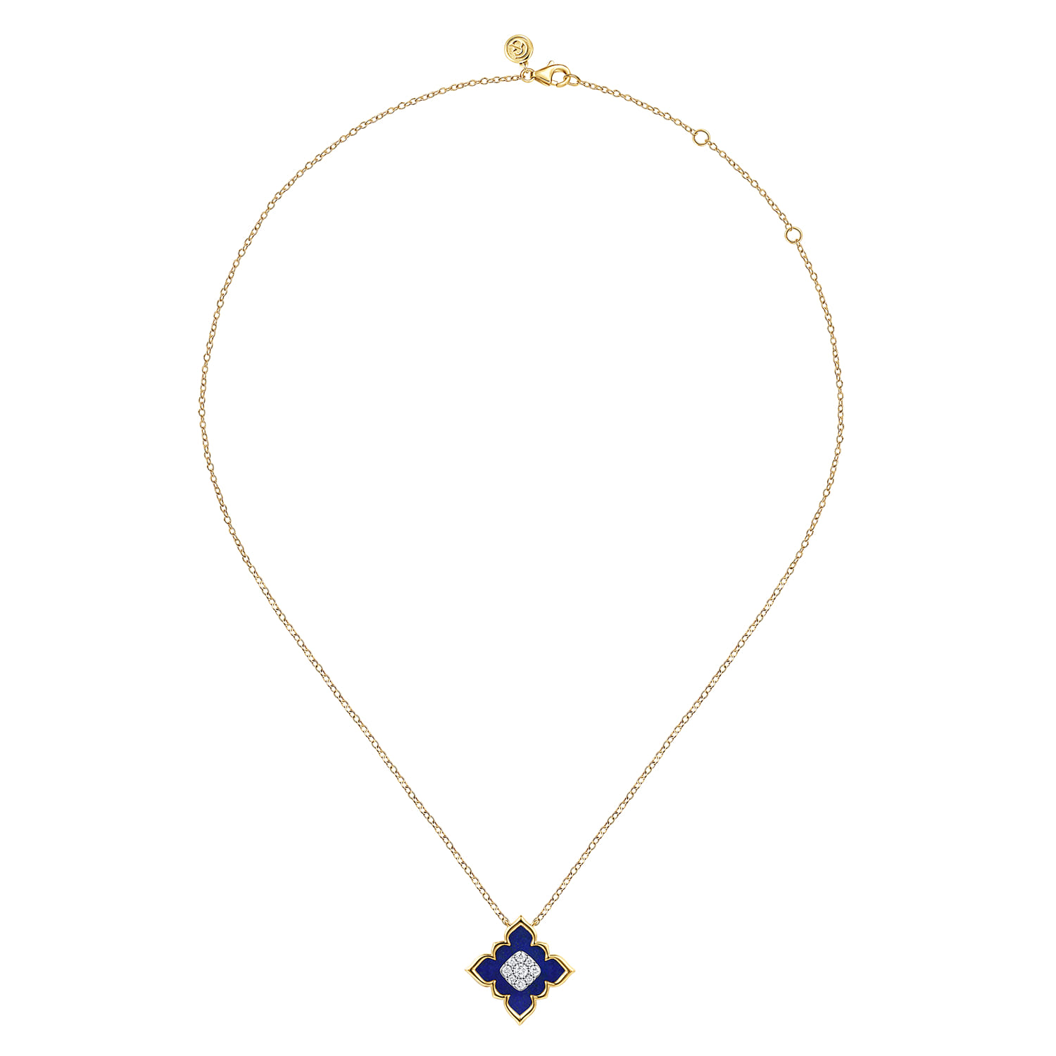 Diamond and Lapis Floral Pendant Necklace in 18K White/Yellow Gold, photograph 2