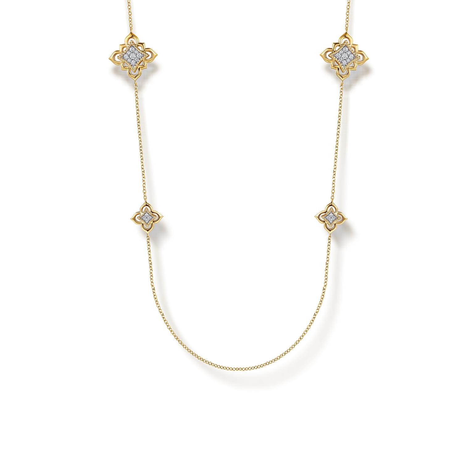 32 Inch Bujukan and Diamond Floral Station Necklace in 18K Yellow Gold