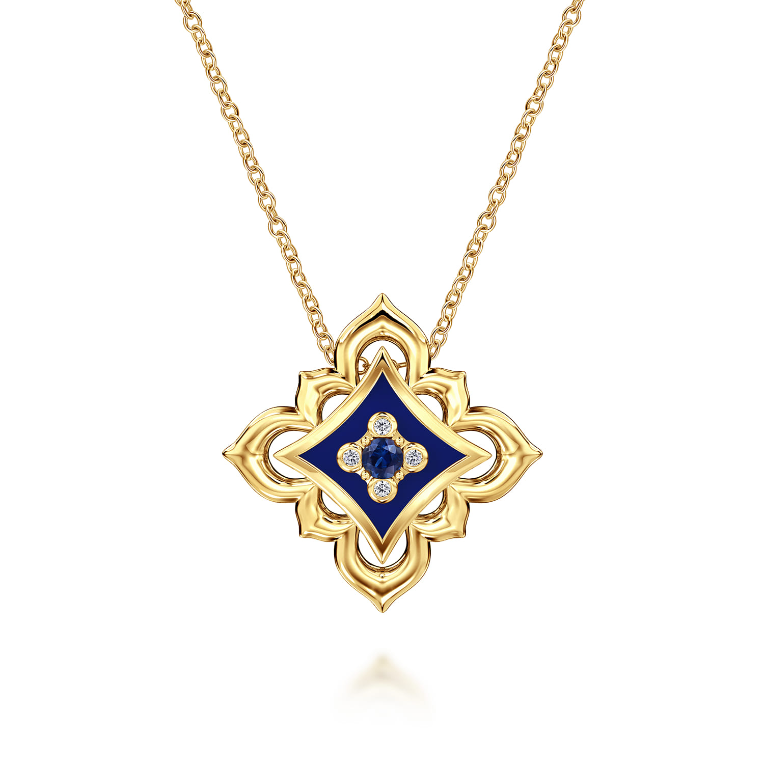 Diamond and Blue Sapphire Floral Pendant Necklace with Chrome Blue Enamel