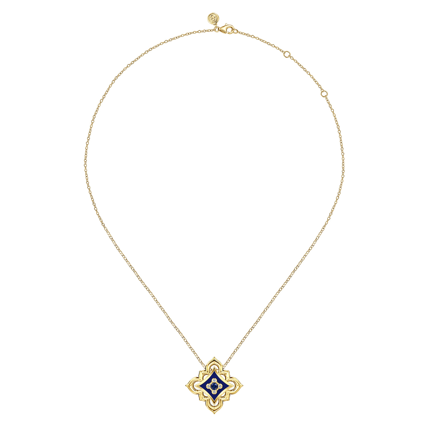 Diamond and Blue Sapphire Floral Pendant Necklace with Chrome Blue Enamel in 18K Yellow Gold, photograph 2