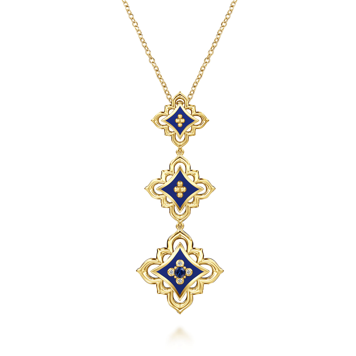 Diamond and Blue Sapphire Beaded Floral Drop Necklace with Chrome Blue Enamel
