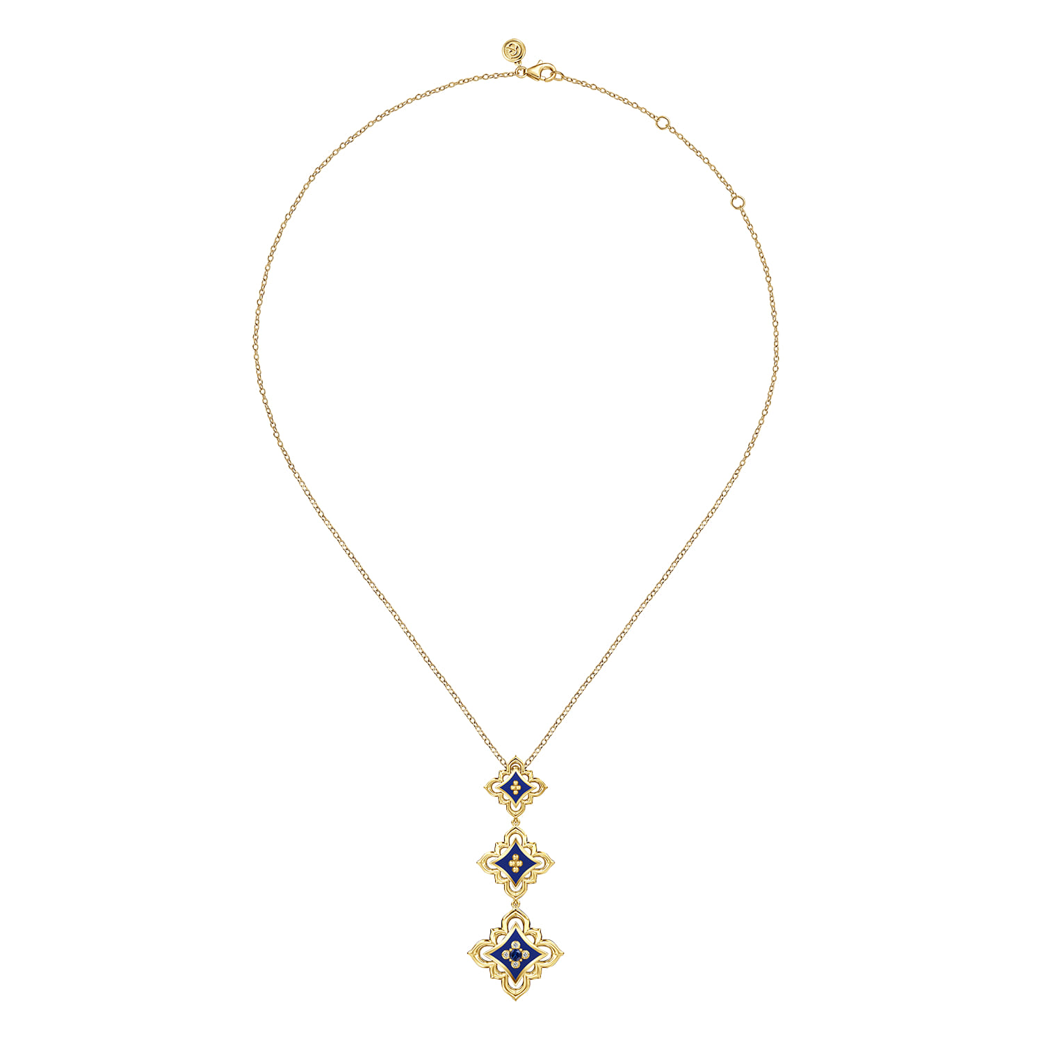 Diamond and Blue Sapphire Beaded Floral Drop Necklace with Chrome Blue Enamel in 18K Yellow Gold, photograph 2