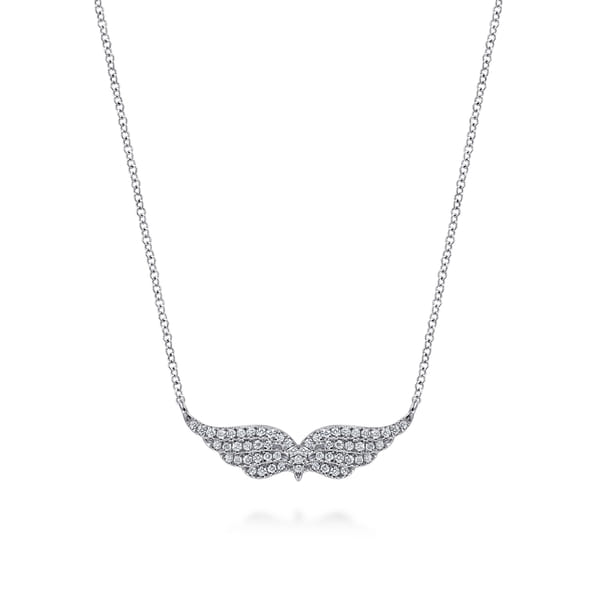 14K White Gold Diamond Angel Wing Bar Necklace