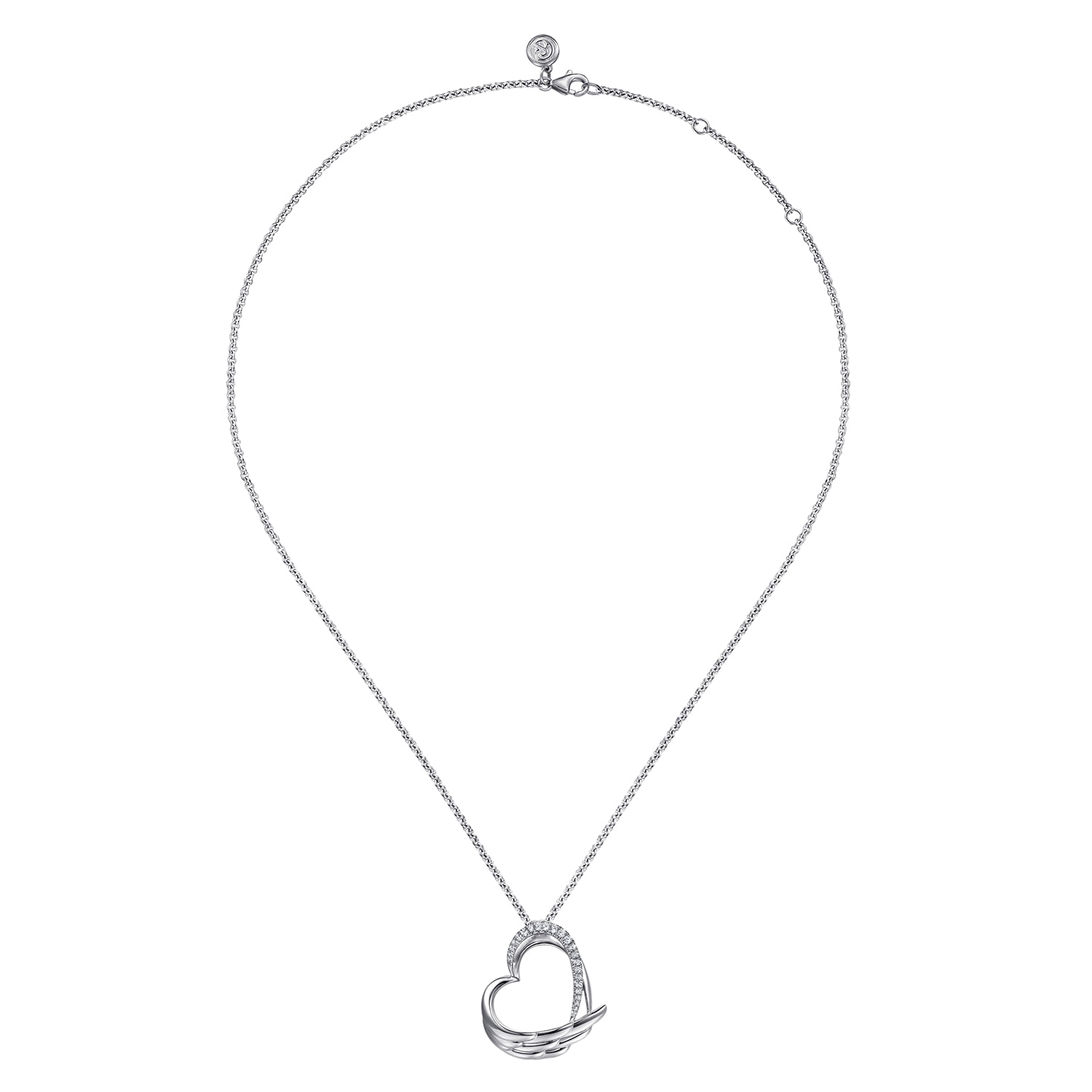 White Sapphire Heart Angel Wing Pendant Necklace in Sterling Silver, photograph 2