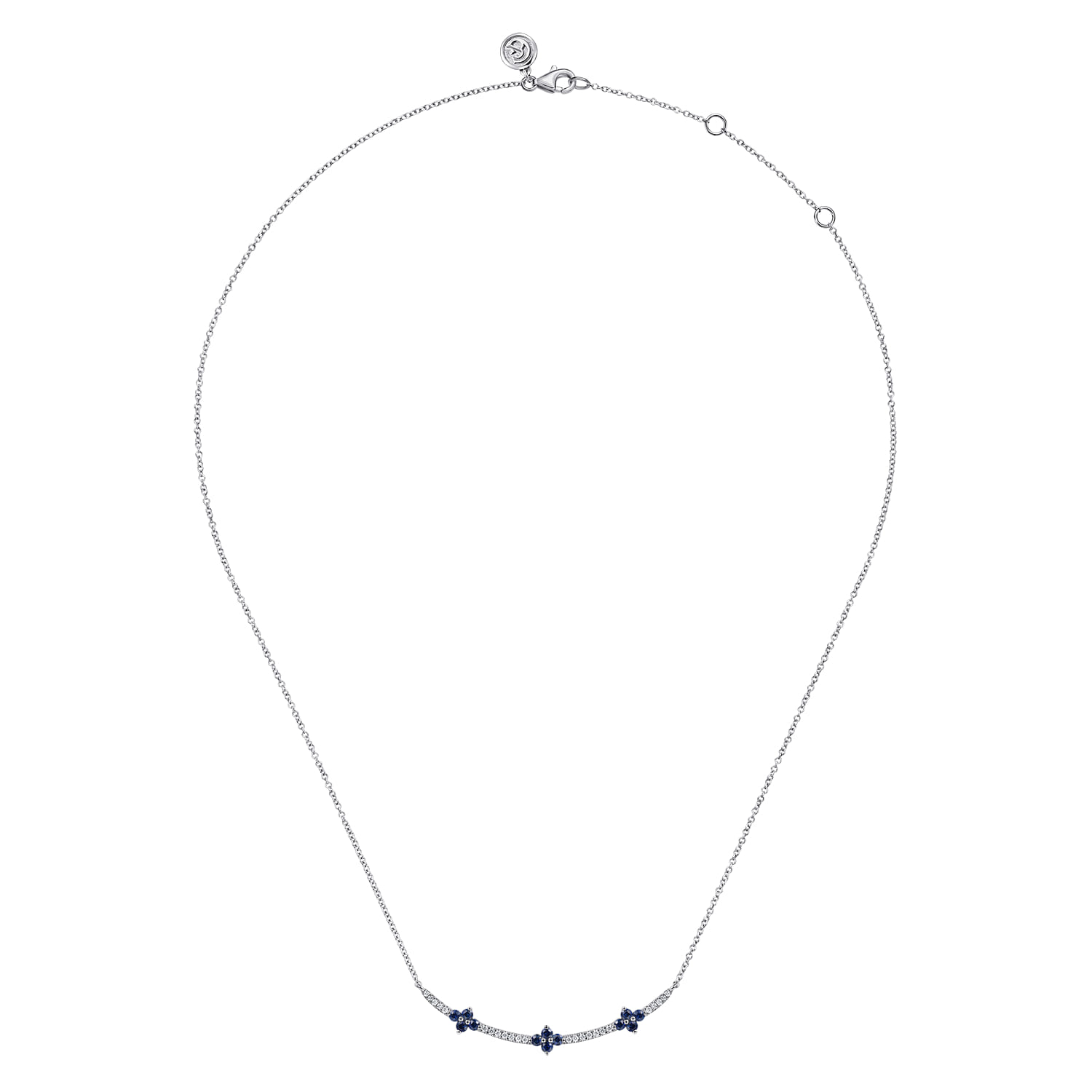 Diamond and Blue Sapphire Clover Bar Necklace in 14K White Gold, photograph 2