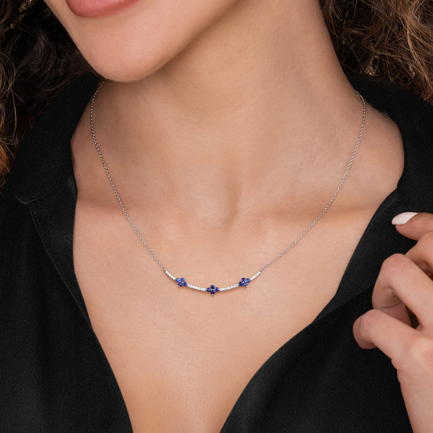 Diamond and Blue Sapphire Clover Bar Necklace in 14K White Gold, photograph 3