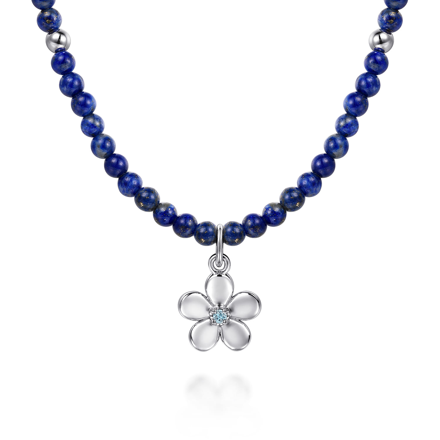 London Blue Topaz Flower and Lapis Bead Pendant Necklace