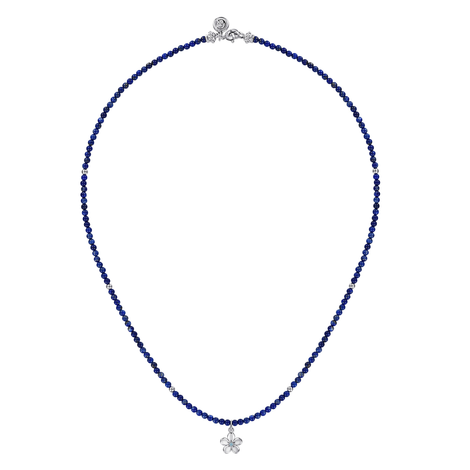 London Blue Topaz Flower and Lapis Bead Pendant Necklace in Sterling Silver, photograph 2