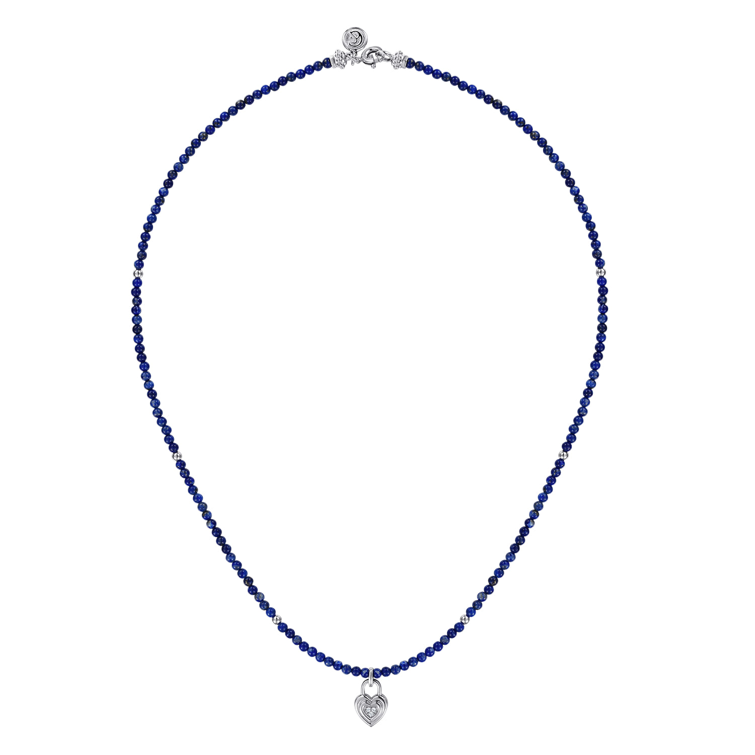 White Sapphire Lock and Lapis Bead Pendant Necklace in Sterling Silver, photograph 2