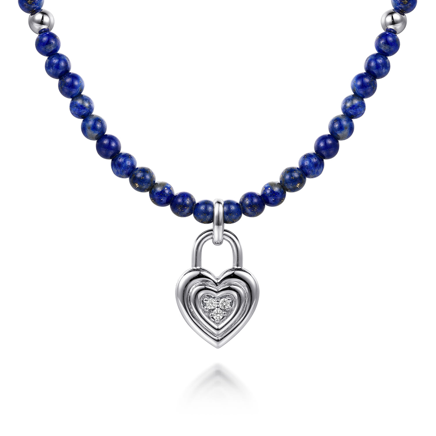 White Sapphire Lock and Lapis Bead Pendant Necklace