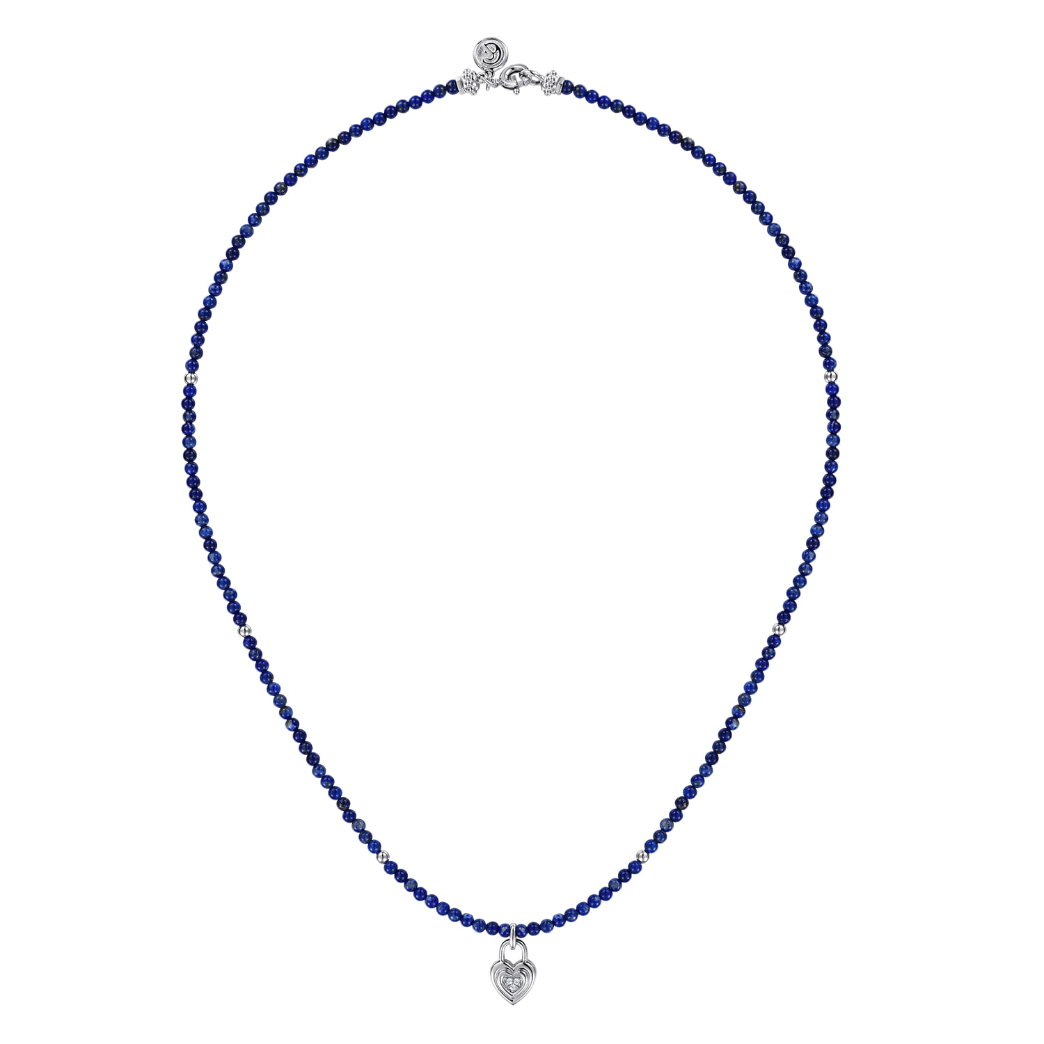 White Sapphire Lock and Lapis Bead Pendant Necklace in Sterling Silver, photograph 2