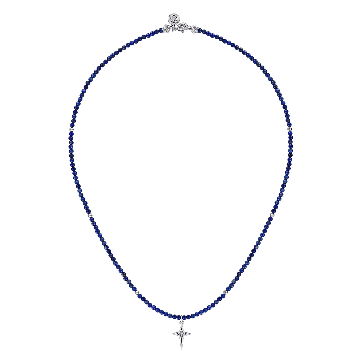 Bujukan Lapis Bead and White Sapphire Cross Charm Necklace in Sterling Silver, photograph 2