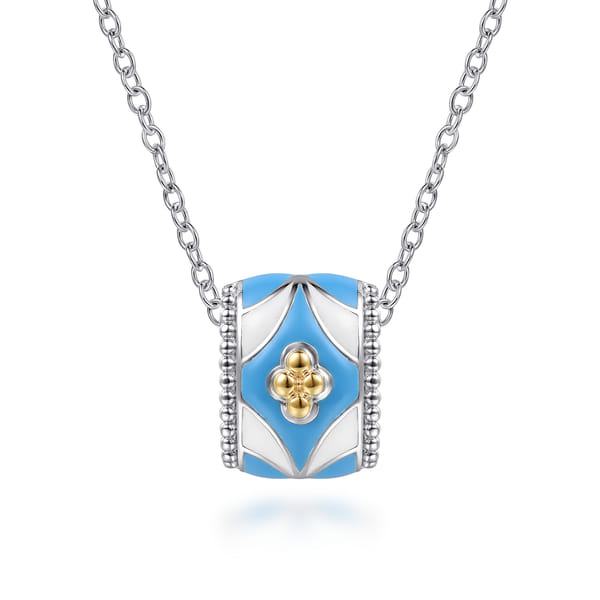 14K Yellow Gold and 925 Sterling Silver Bujukan Clover Pendant Necklace with White and Dusk Blue Enamel