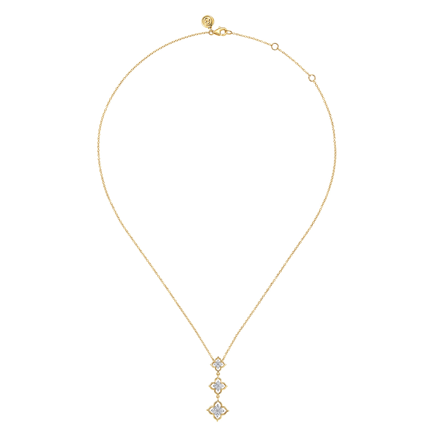 Graduating Diamond Flower Pendant Drop Necklace in 14K White/Yellow Gold, photograph 2