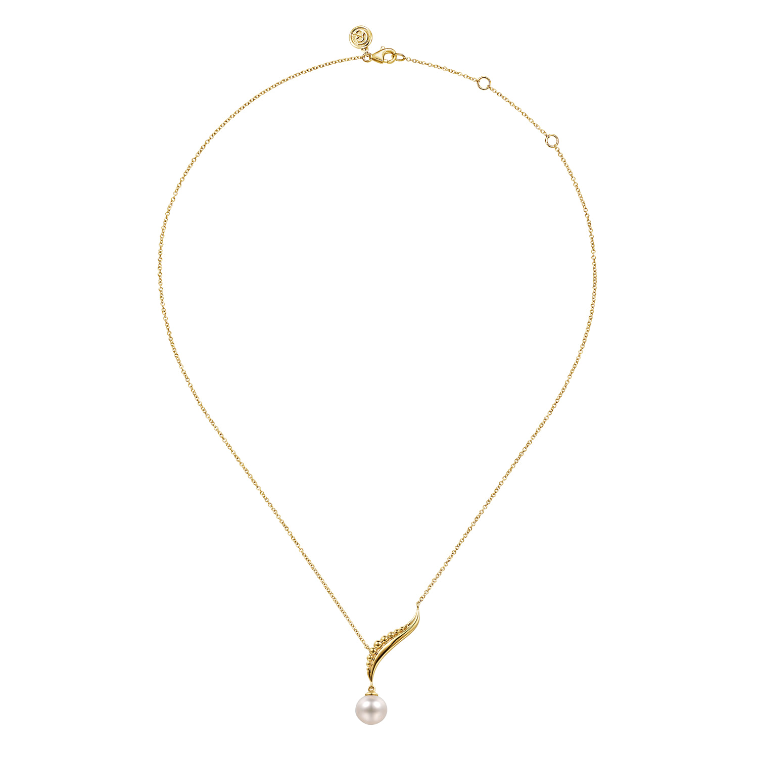 Graduating Bujukan Pearl Y Necklace in 14K Yellow Gold, photograph 2