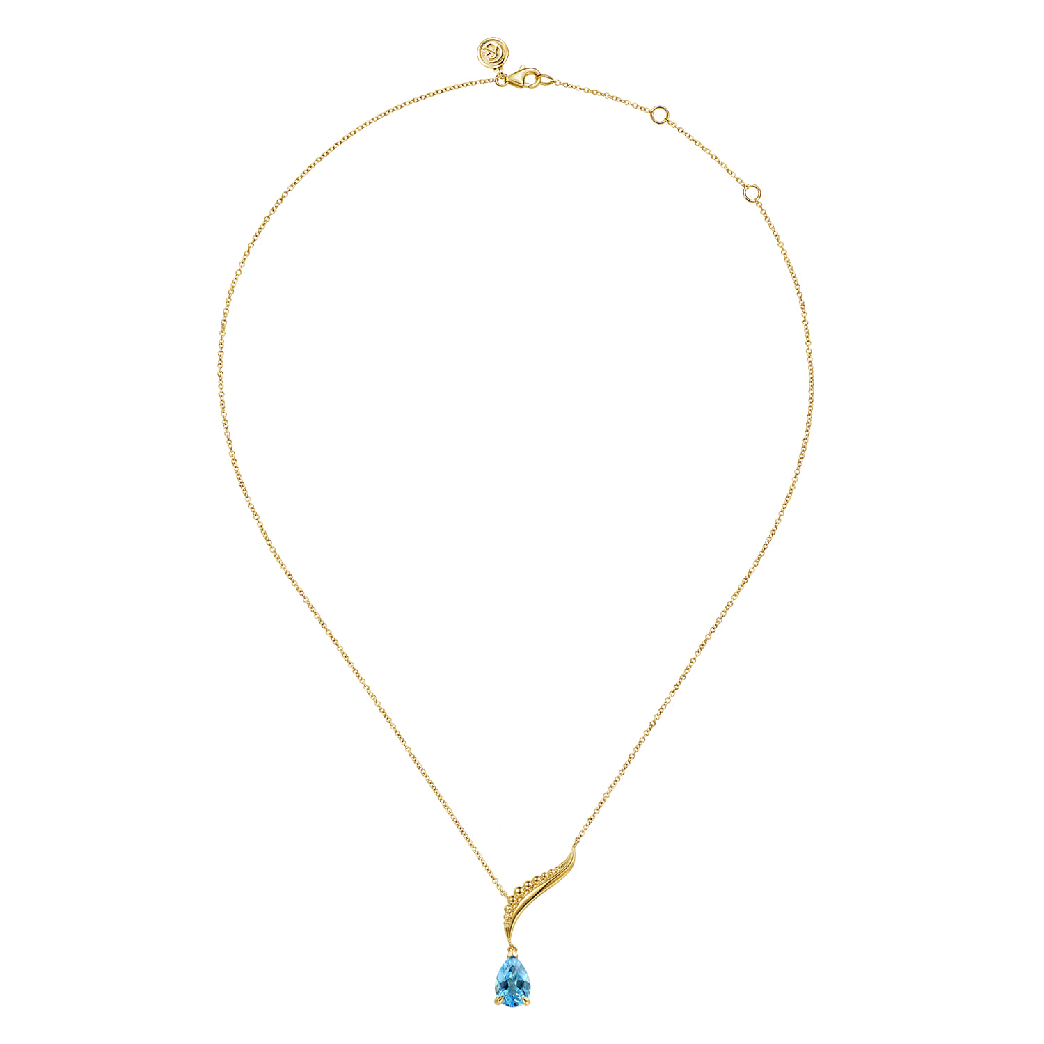 Graduating Bujukan Pear Blue Topaz Y Necklace in 14K Yellow Gold, photograph 2