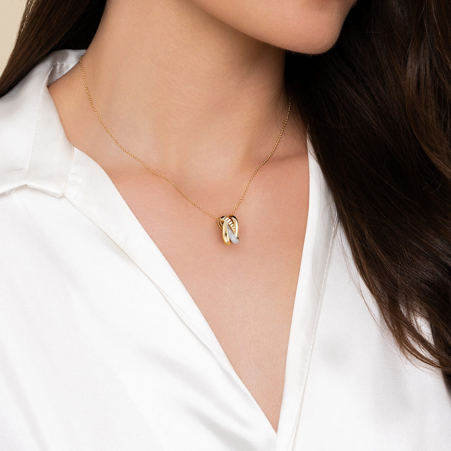 Graduating Diamond and Diamond Cut Pendant Necklace in 14K White/Yellow Gold, photograph 3