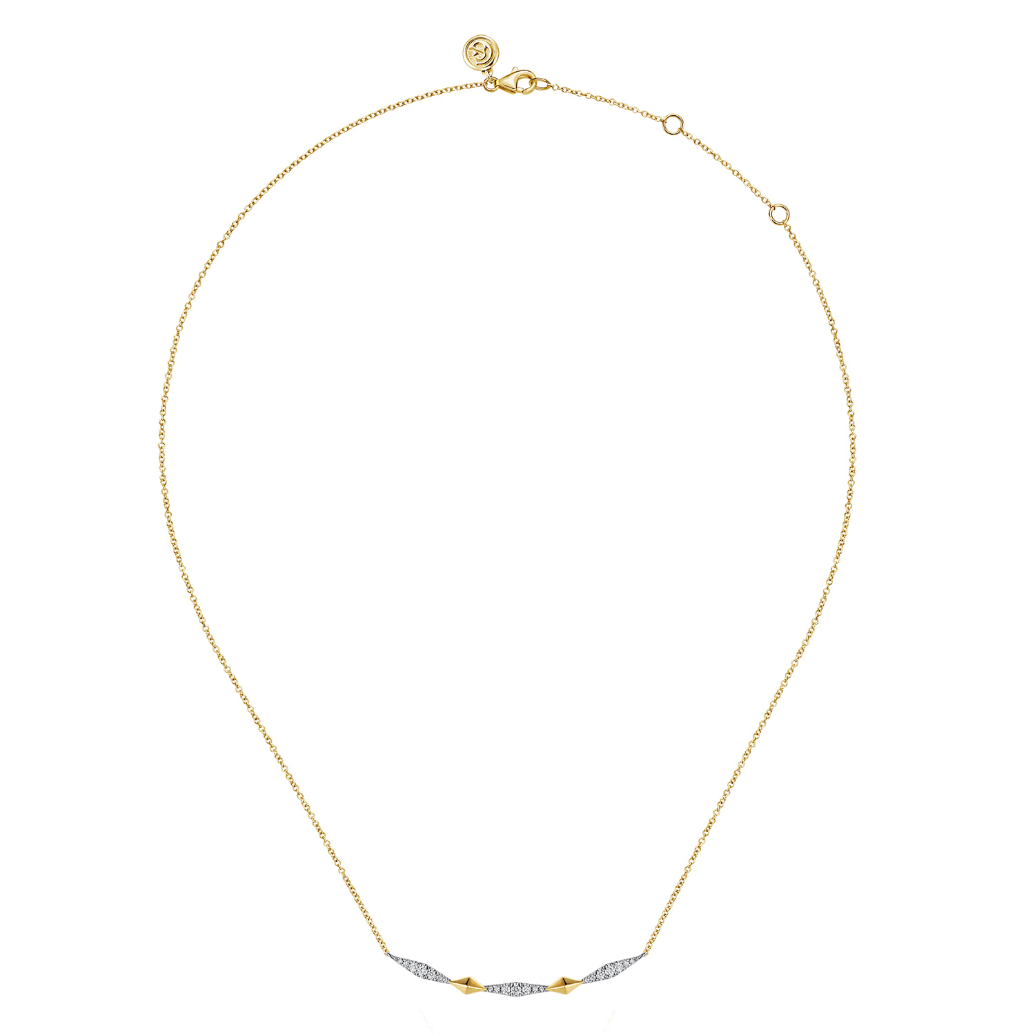 Graduating Diamond Kite Shape Curved Bar Necklace in 14K White/Yellow Gold, photograph 2