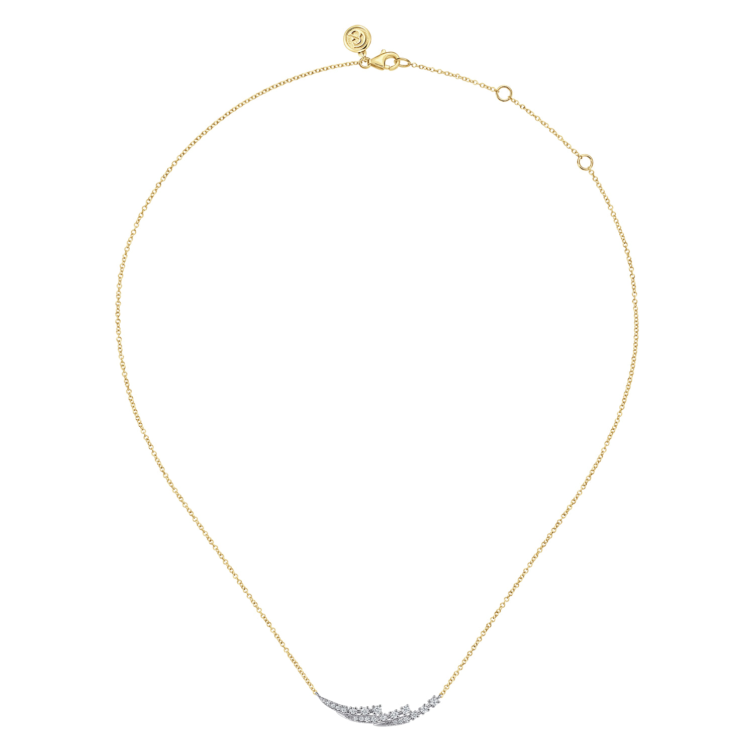 Graduating Diamond Three Spike Curved Bar Necklace in 14K White/Yellow Gold, photograph 2