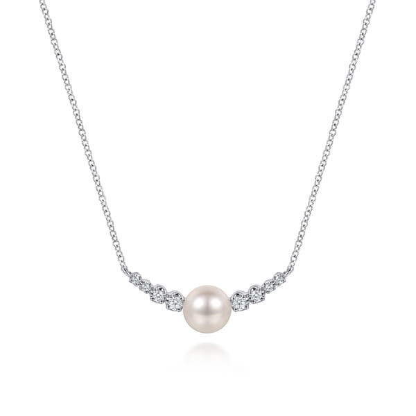 14K White Gold Graduating Diamond and Pearl Bar Necklace