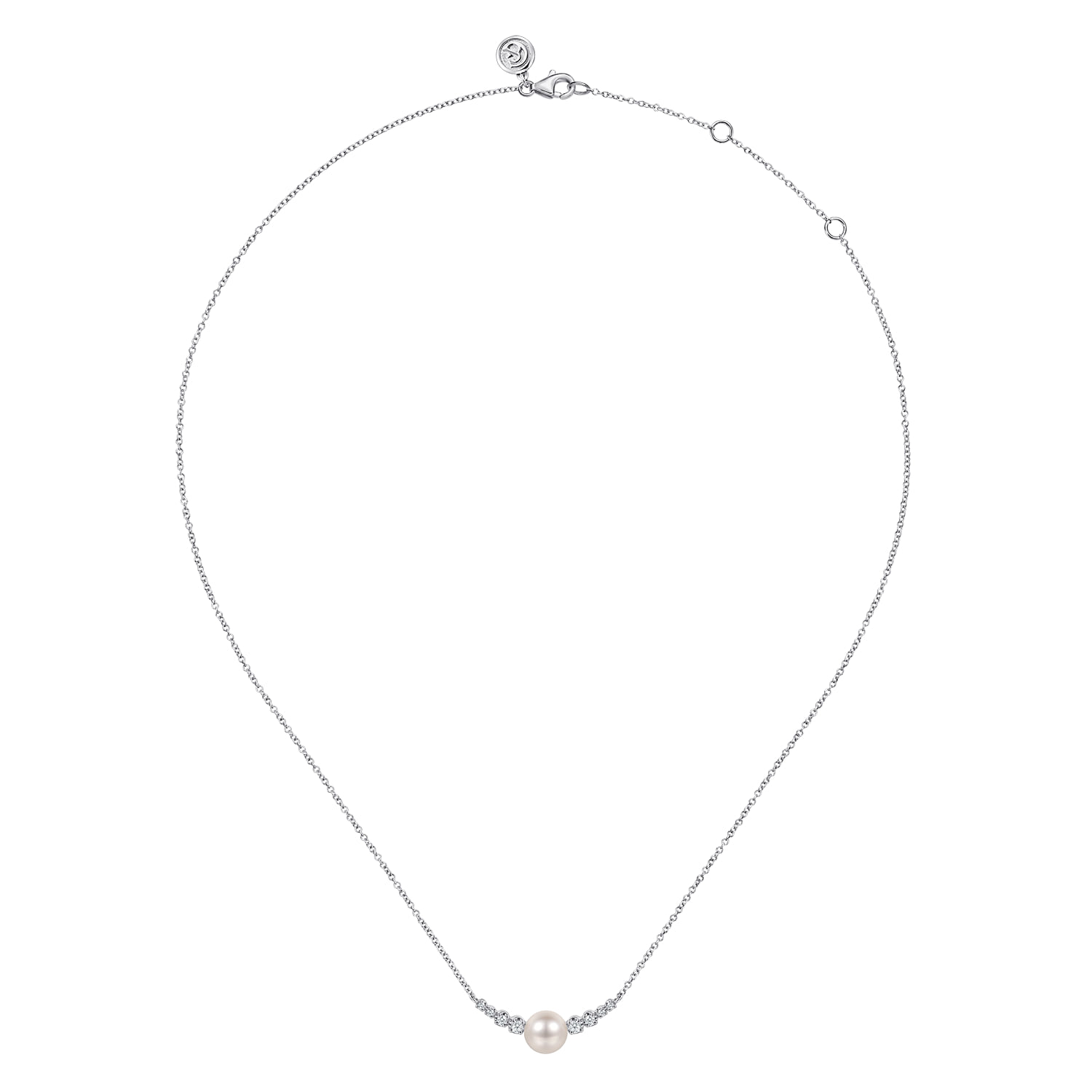 Graduating Diamond and Pearl Bar Necklace in 14K White Gold, photograph 2