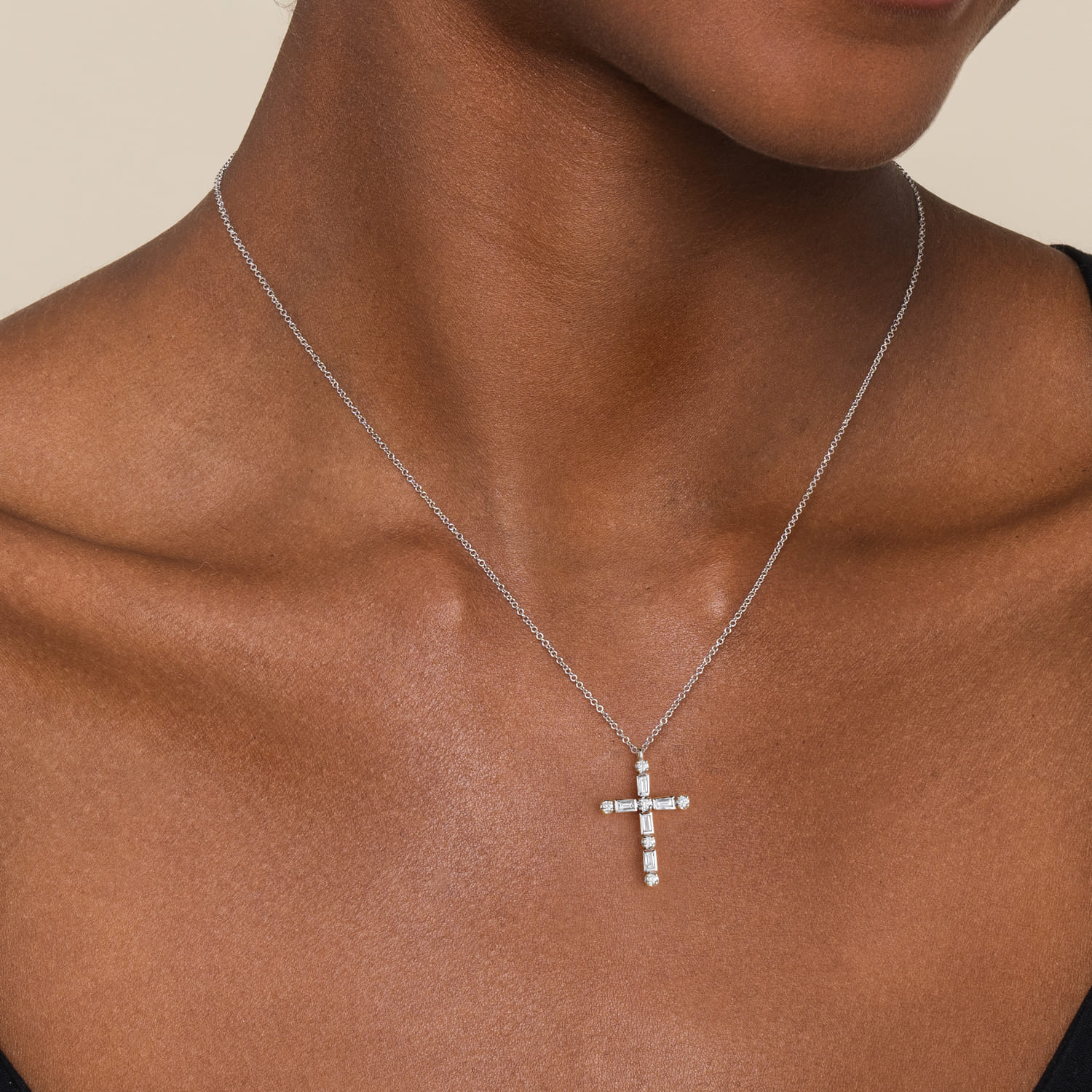 Diamond Cross Necklace in 14K White Gold, photograph 3