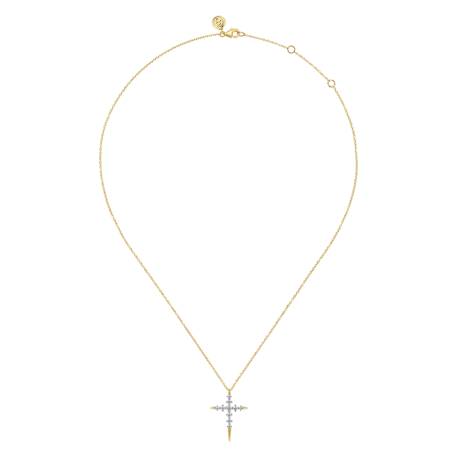 Spike Graduating Diamond Cross Necklace in 14K Yellow Gold, photograph 2