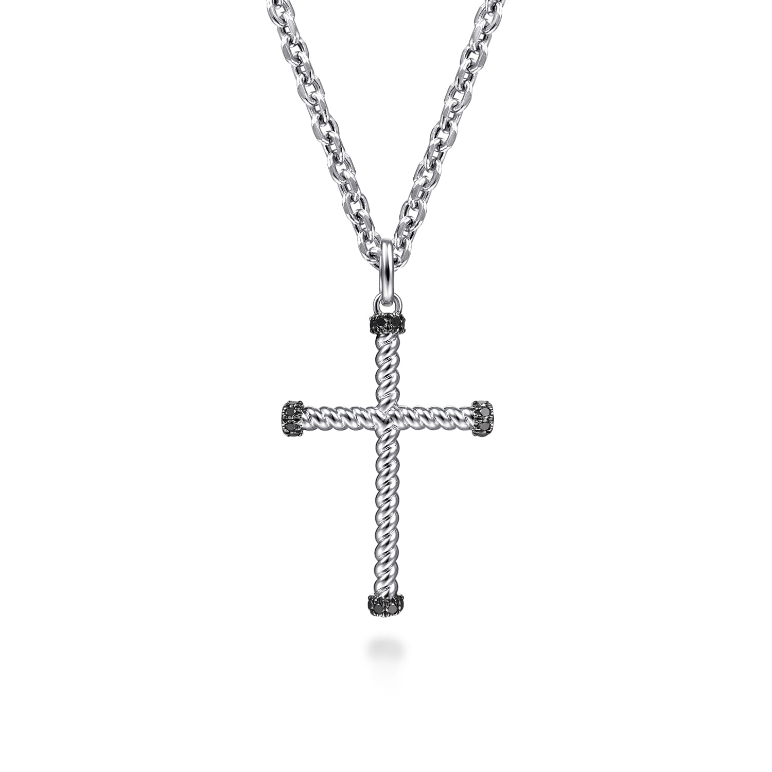 22 Inch Black Spinel Twisted Rope Cross Pendant Necklace in Sterling Silver