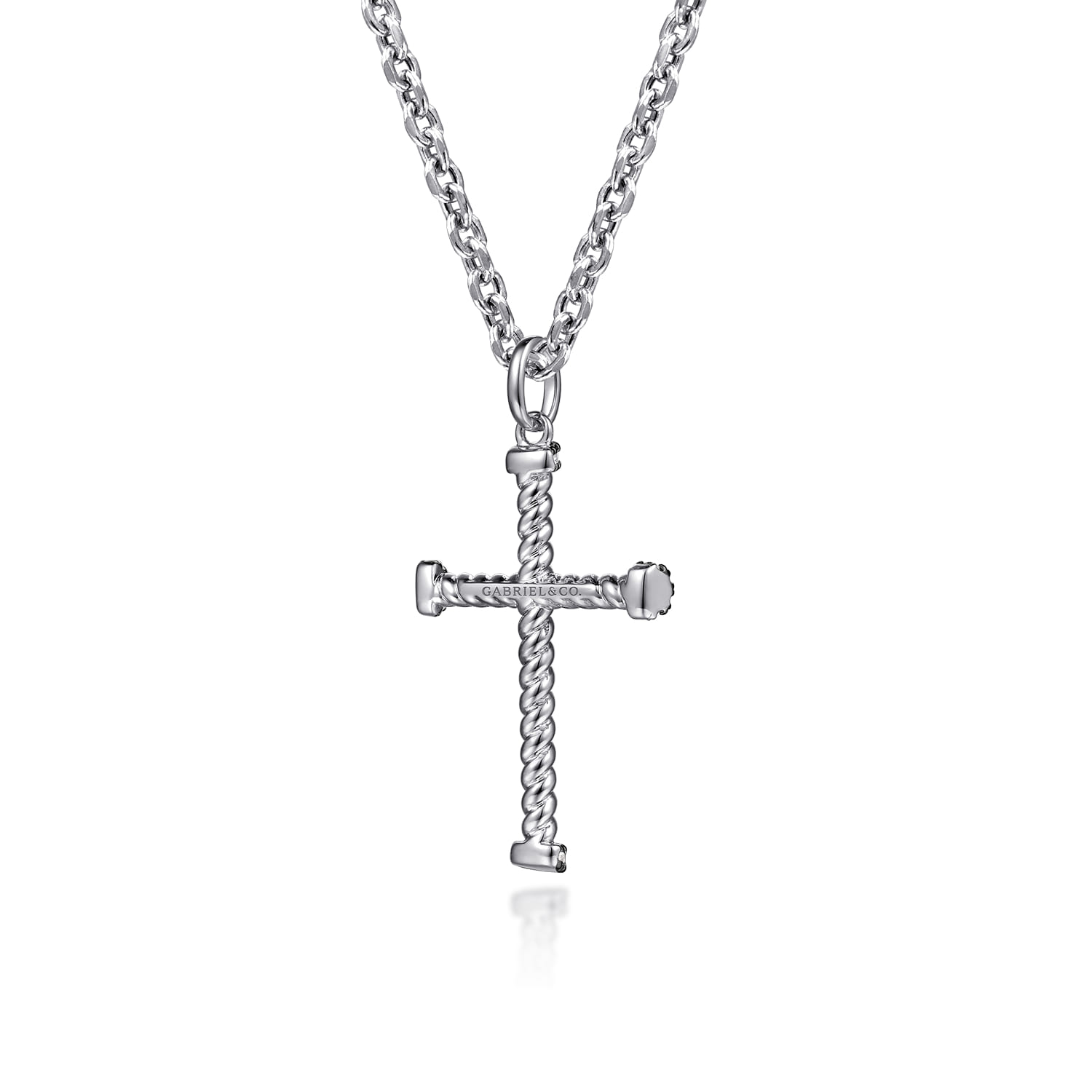 22 Inch Black Spinel Twisted Rope Cross Pendant Necklace in Sterling Silver, photograph 2