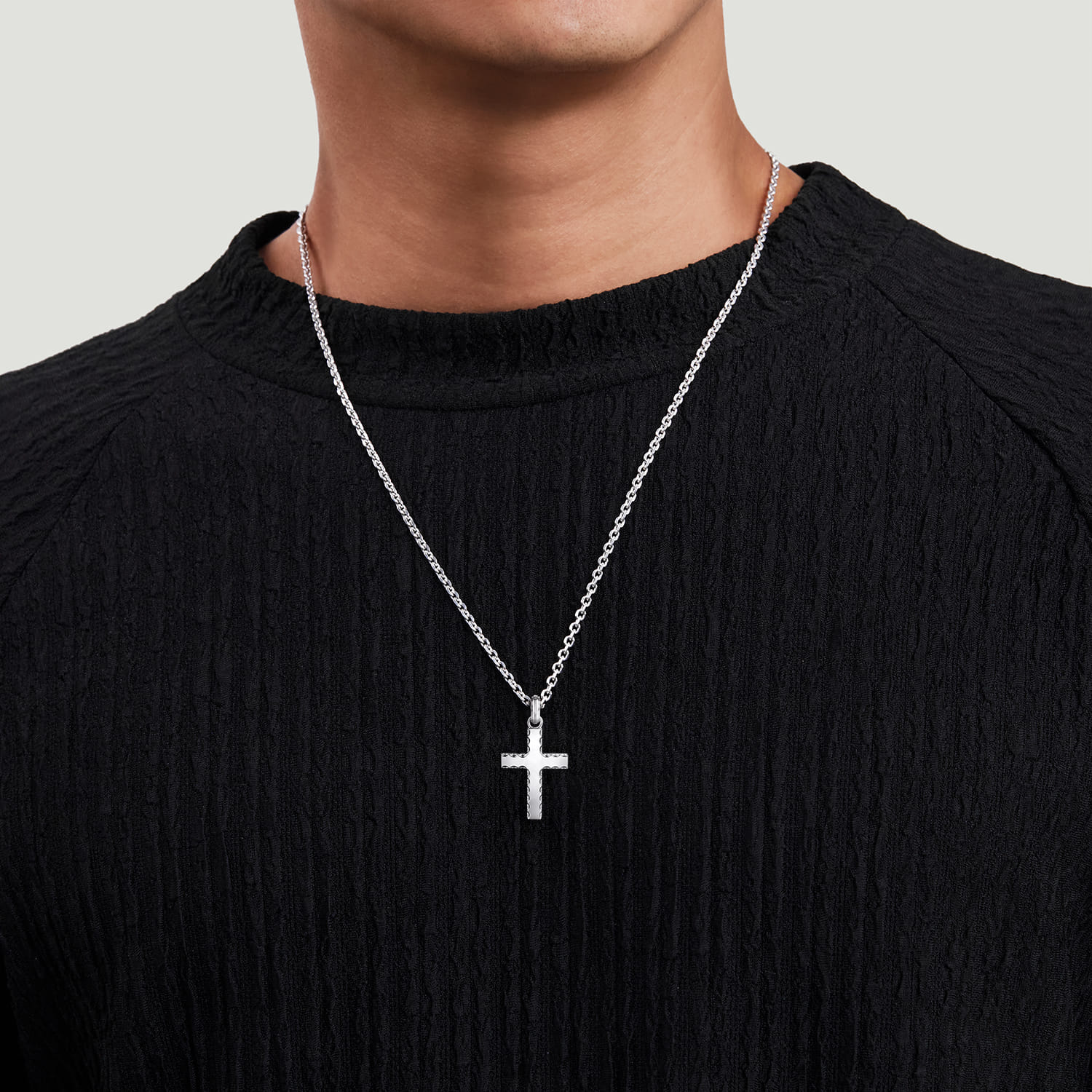 22 Inch Beveled Trim Cross Pendant Necklace in Sterling Silver, photograph 4