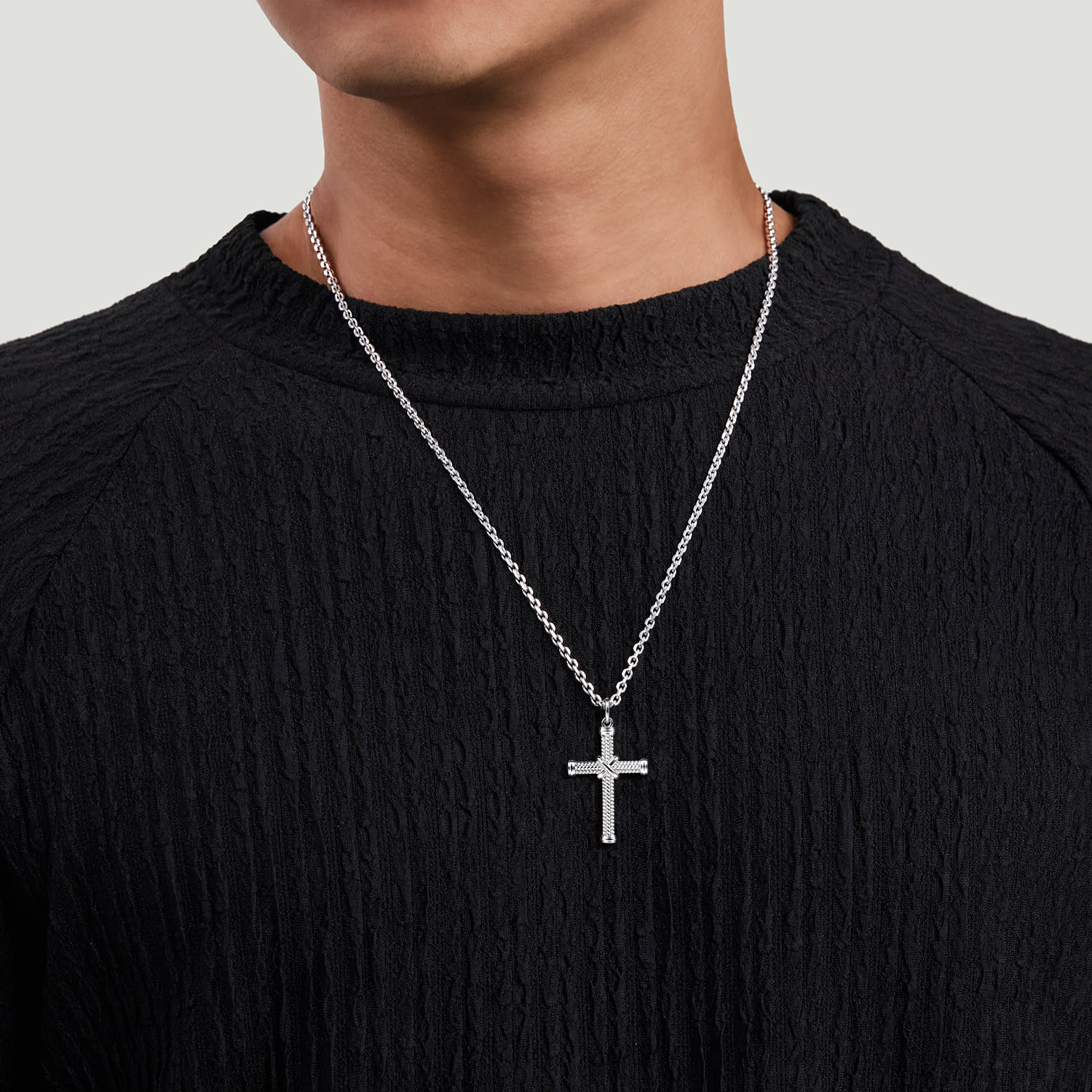 Twisted Rope Cross Pendant Necklace X Center in Sterling Silver, photograph 4