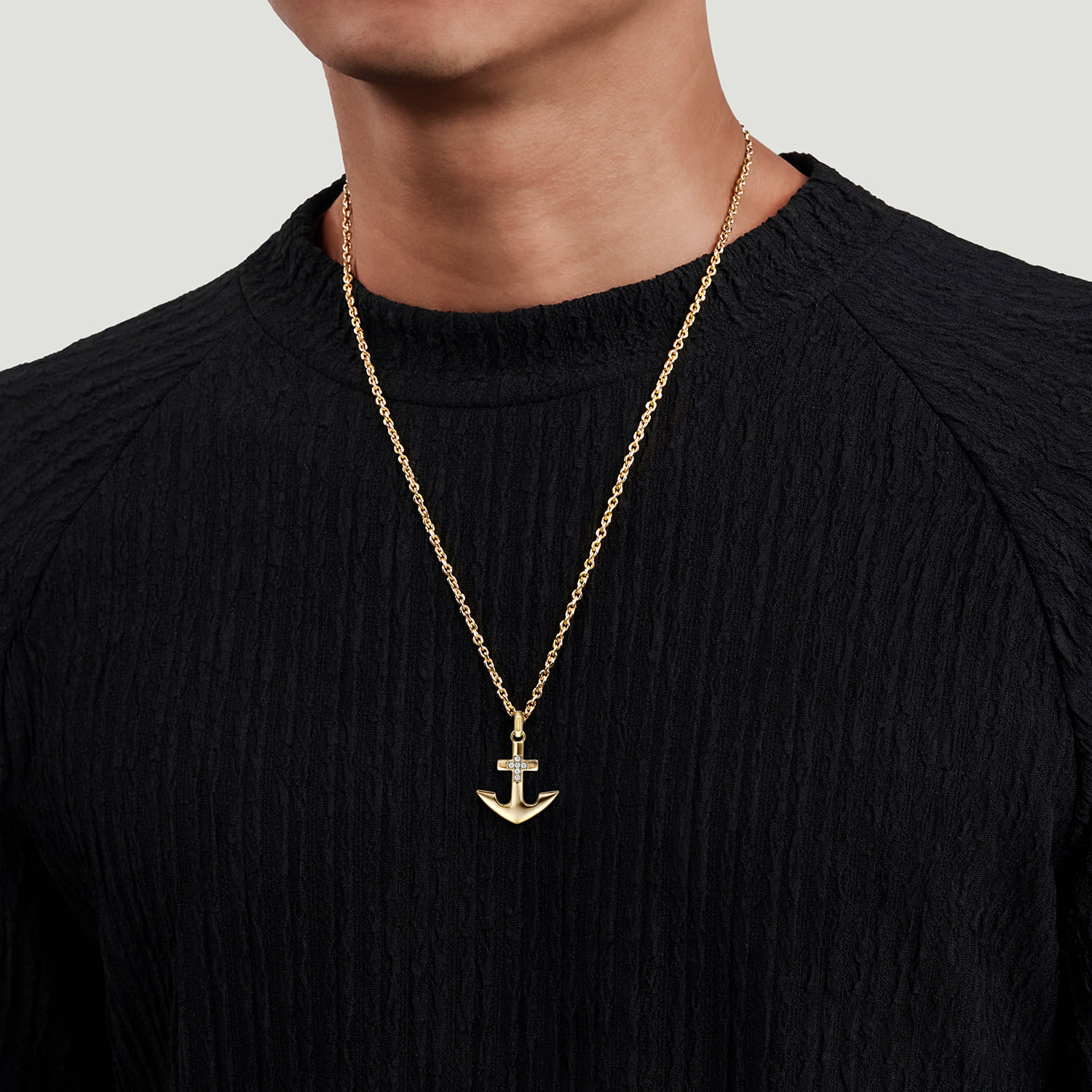 22 Inch Wheat Diamond Anchor Pendant Necklace in 14K Yellow Gold, photograph 4