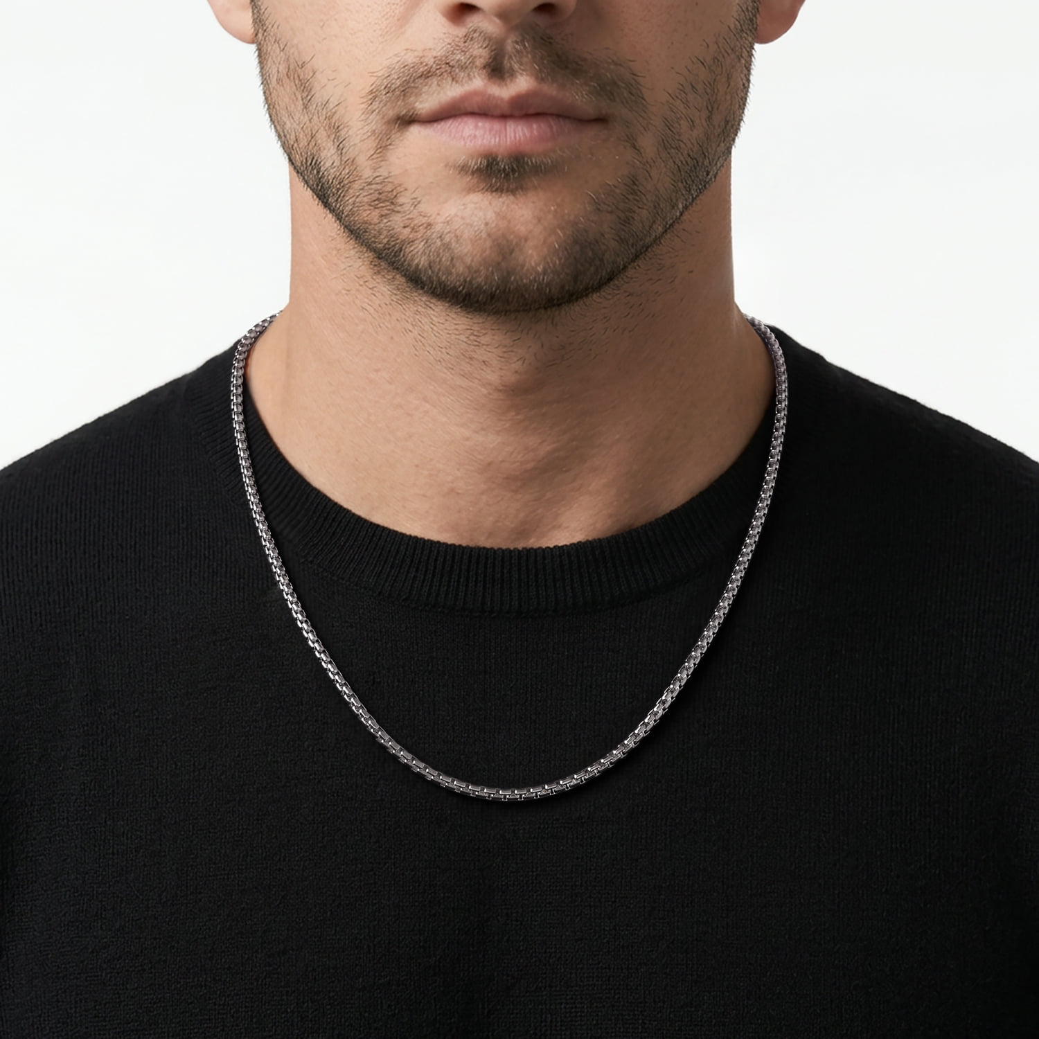 22 Inch 3.5mm Men's Solid Box Chain Necklace in Sterling Silver, photograph 3
