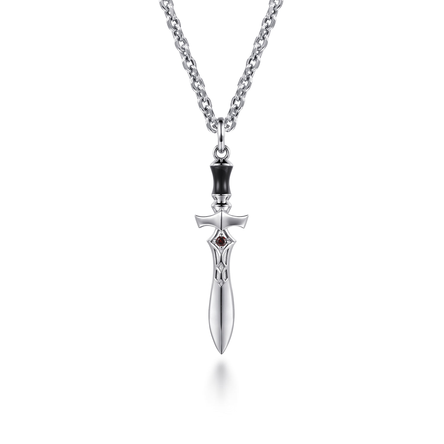 22 Inch Garnet Dagger Pendant Necklace With Black Enamel